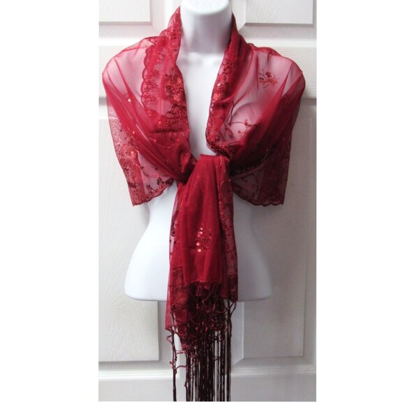 Burgundy Sequin Shawl Wrap Sparkle Fringed Scarf Wedding Bridal Dressy Evening - Picture 3 of 4